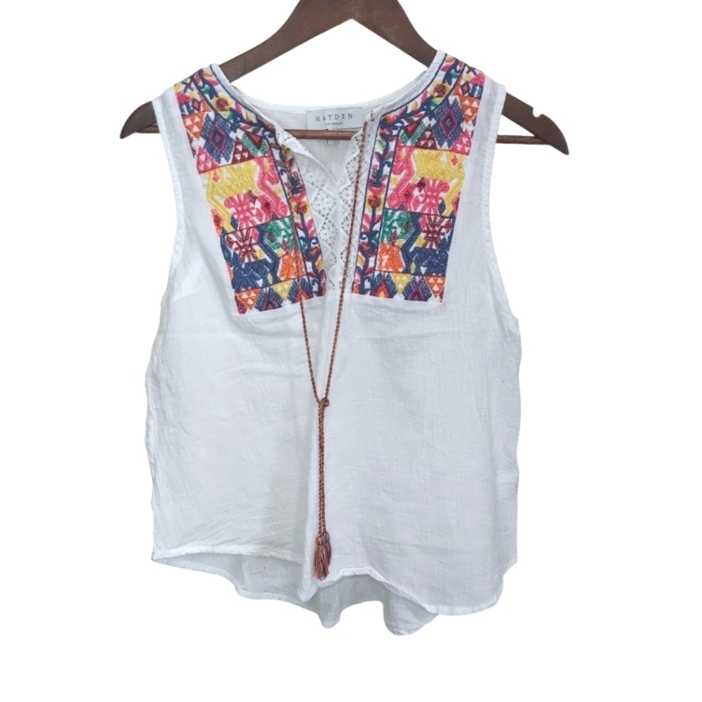 Hayden Quazey White Tank Top with Colorful Embroidery